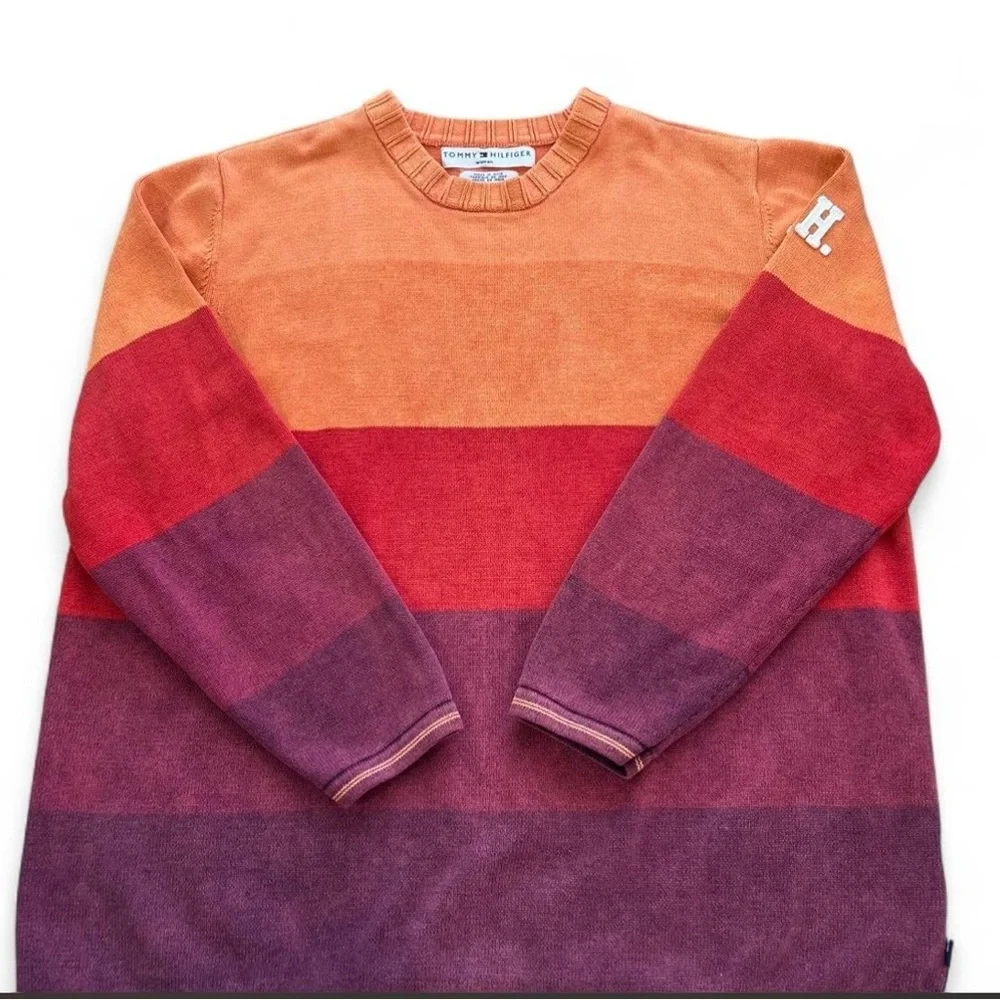 Vintage y2k Heritage Tommy Hilfiger Knit Color-block Spell-out Cotton Sweater Lg - Picture 2 of 9
